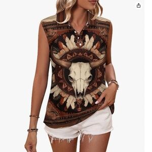 Aztec Tribal Golf Shirts Western Cow Printed Button Up Sleeveless Shirt Small
